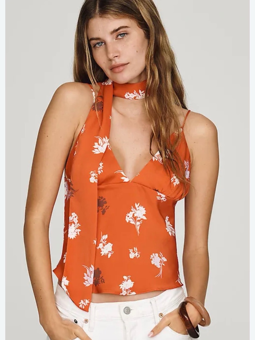 Mauve Orange Floral Satin V-Neck Cami W/ Neck Scarf - Picture 1 of 4